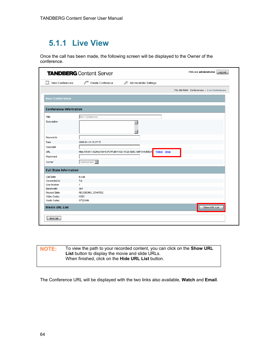 1 live view, Live view | TANDBERG D1389801 User Manual | Page 74 / 113