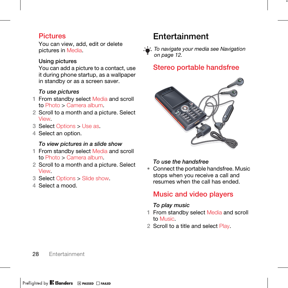 Entertainment, Pictures, Stereo portable handsfree | Music and video players | TANDBERG K630I User Manual | Page 30 / 56