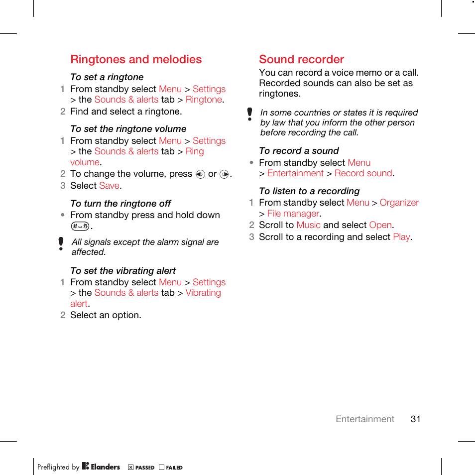 Ringtones and melodies, Sound recorder | TANDBERG K630I User Manual | Page 33 / 56