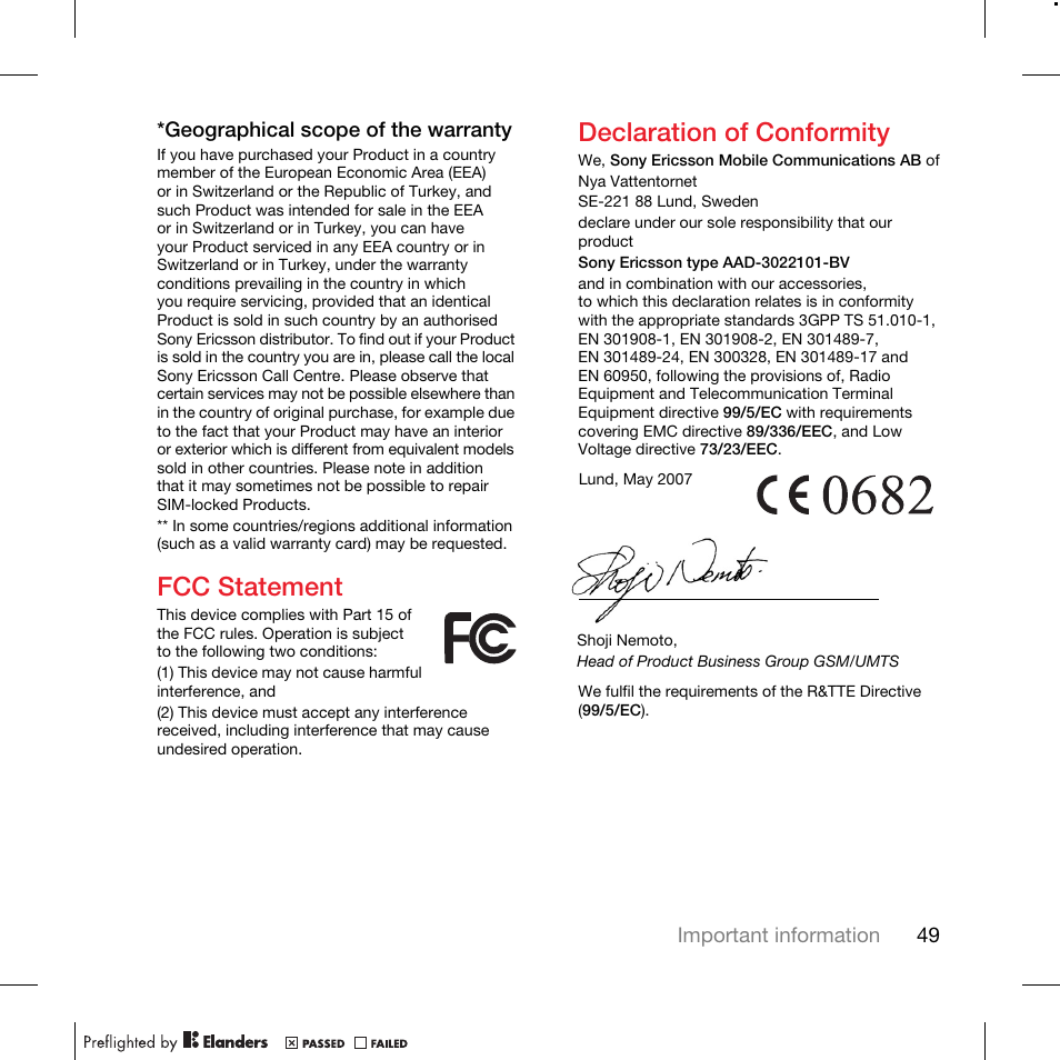 Fcc statement, Declaration of conformity | TANDBERG K630I User Manual | Page 51 / 56
