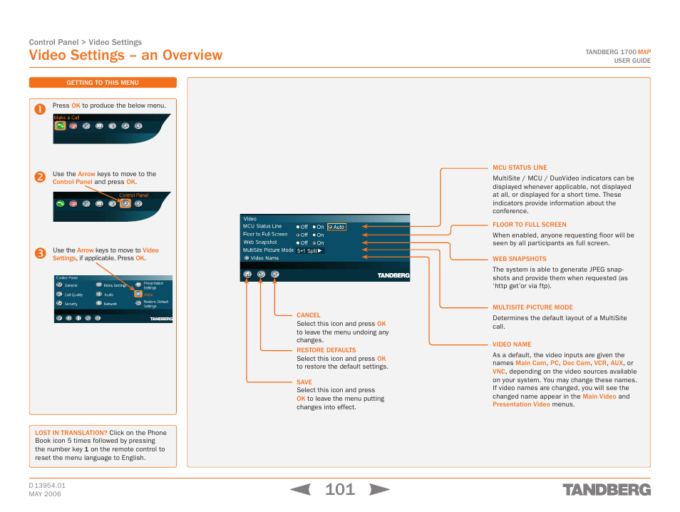 Video settings – an overview, Video settings | TANDBERG 1700 MXP User Manual | Page 101 / 142