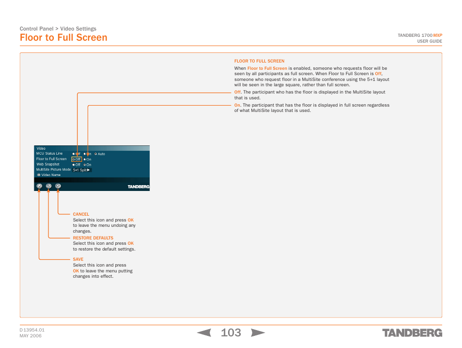 Floor to full screen | TANDBERG 1700 MXP User Manual | Page 103 / 142