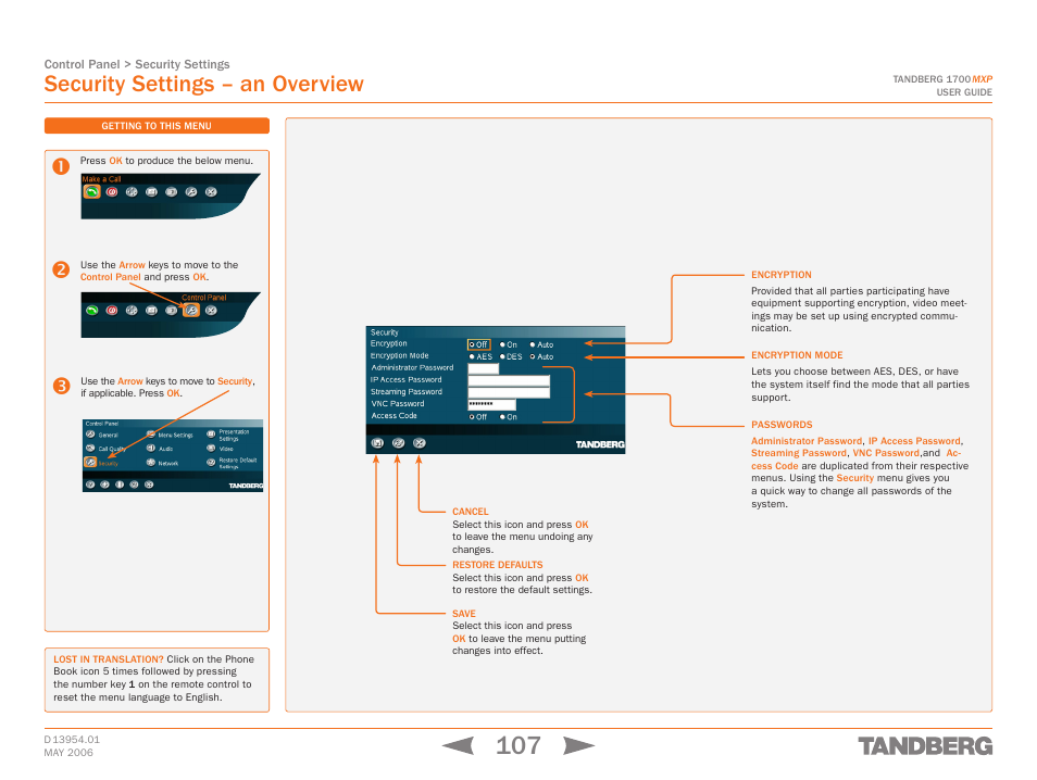 Security settings – an overview, Security settings | TANDBERG 1700 MXP User Manual | Page 107 / 142