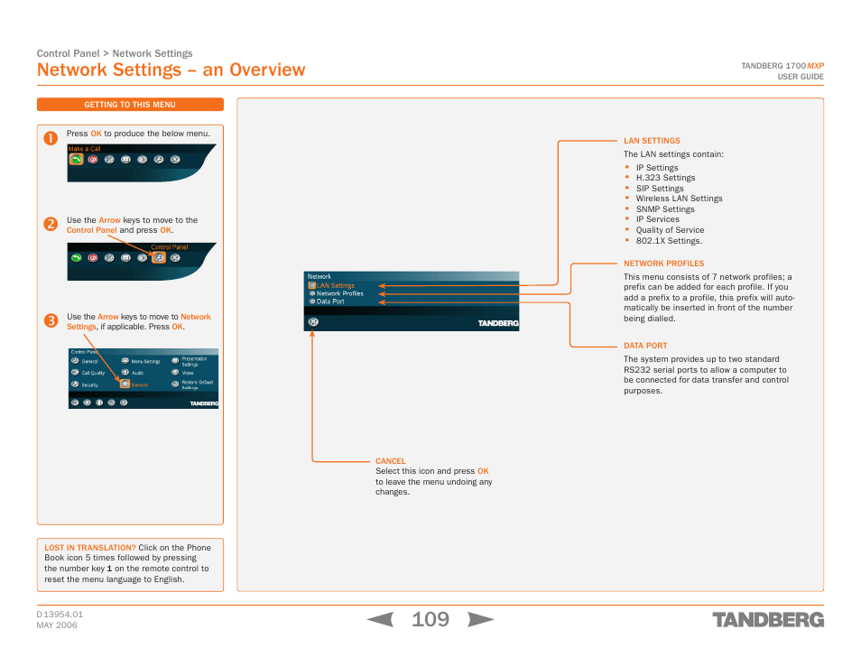 Network settings – an overview, Network settings | TANDBERG 1700 MXP User Manual | Page 109 / 142