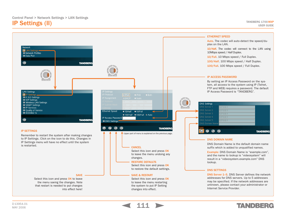 Ip settings (ii), Touch tones snapshot camera presets | TANDBERG 1700 MXP User Manual | Page 111 / 142