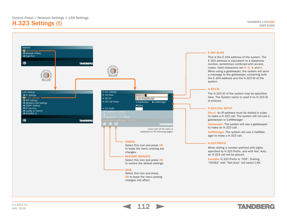 H.323 settings (i), Touch tones snapshot camera presets | TANDBERG 1700 MXP User Manual | Page 112 / 142