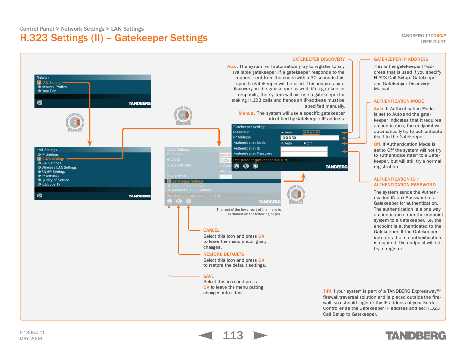H.323 settings (ii) – gatekeeper settings, Touch tones snapshot camera presets | TANDBERG 1700 MXP User Manual | Page 113 / 142