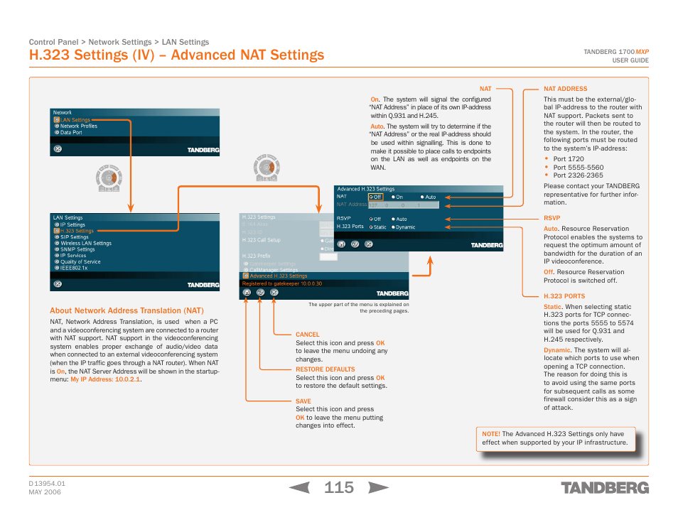 H.323 settings (iv) – advanced nat settings, About network address translation (nat), Touch tones snapshot camera presets | TANDBERG 1700 MXP User Manual | Page 115 / 142