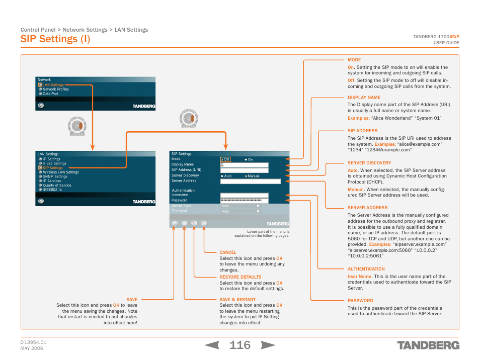 Sip settings (i), Touch tones snapshot camera presets | TANDBERG 1700 MXP User Manual | Page 116 / 142