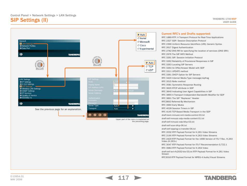 Sip settings (ii), Current rfc’s and drafts supported | TANDBERG 1700 MXP User Manual | Page 117 / 142