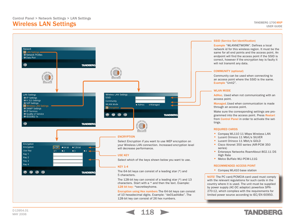 Wireless lan settings, Touch tones snapshot camera presets | TANDBERG 1700 MXP User Manual | Page 118 / 142
