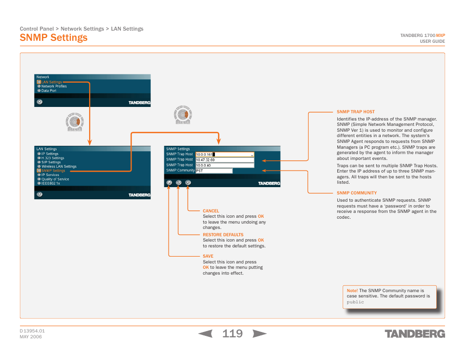 Snmp settings, Touch tones snapshot camera presets | TANDBERG 1700 MXP User Manual | Page 119 / 142