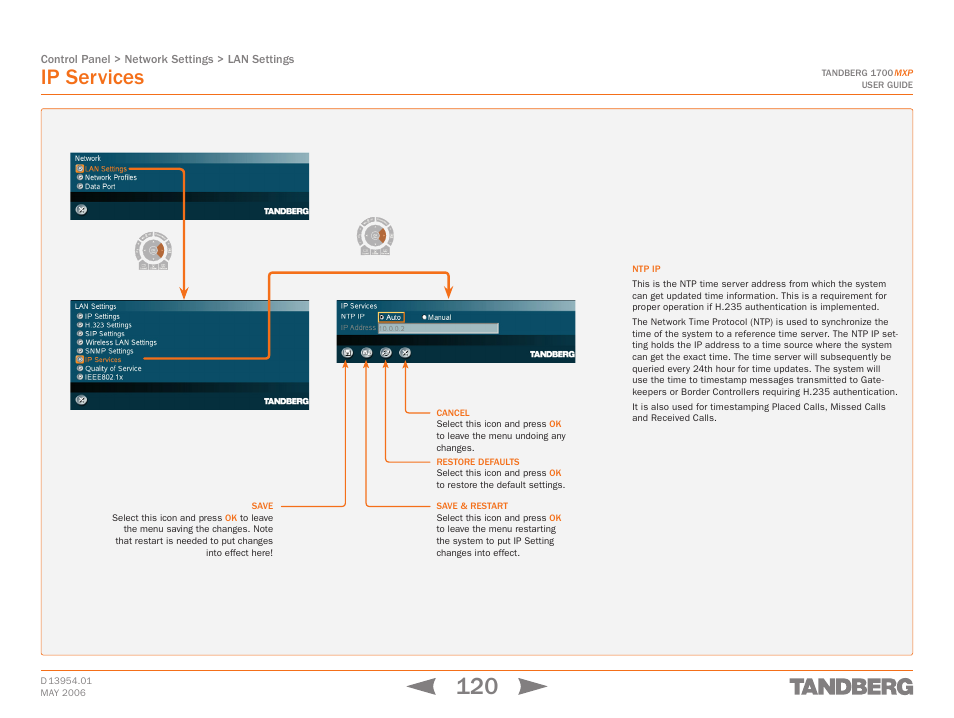 Ip services, Touch tones snapshot camera presets | TANDBERG 1700 MXP User Manual | Page 120 / 142
