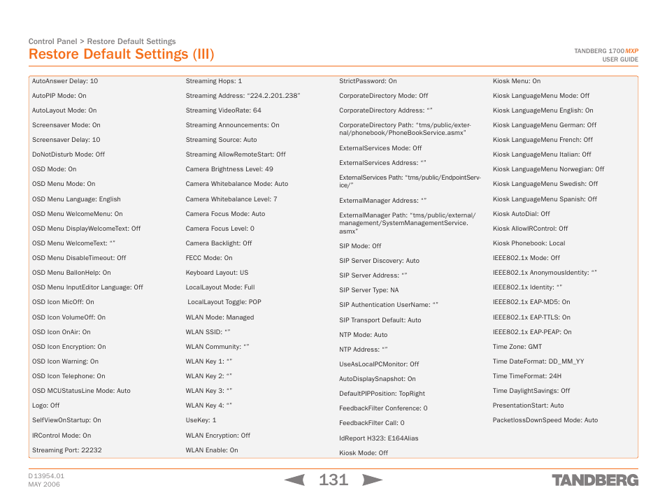 Restore default settings (iii) | TANDBERG 1700 MXP User Manual | Page 131 / 142