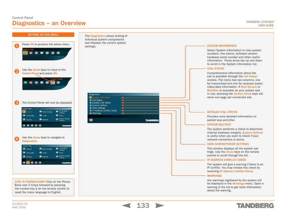 Diagnostics – an overview, Diagnostics | TANDBERG 1700 MXP User Manual | Page 133 / 142