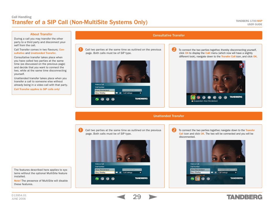 About transfer, Consultative transfer, Unattended transfer | Transfer of a sip call | TANDBERG 1700 MXP User Manual | Page 29 / 142