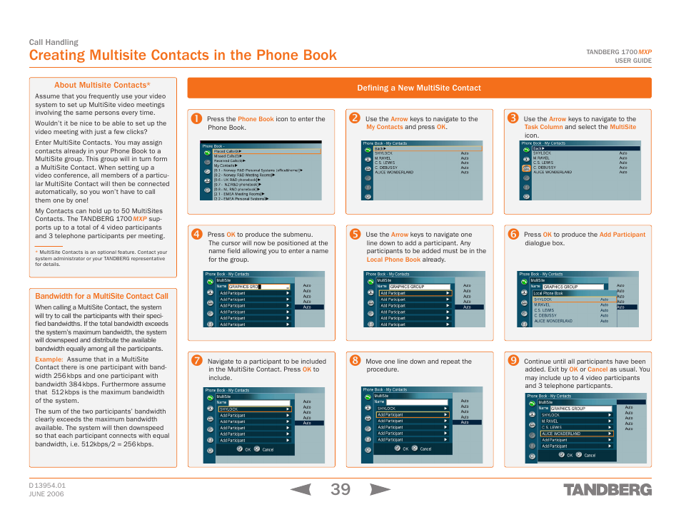 Creating multisite contacts in the phone book, About multisite contacts, Bandwidth for a multisite contact call | Defining a new multisite contact | TANDBERG 1700 MXP User Manual | Page 39 / 142