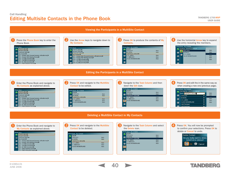 Editing multisite contacts in the phone book, Viewing the participants in a multisite contact, Editing the participants in a multisite contact | Deleting a multisite contact in my contacts | TANDBERG 1700 MXP User Manual | Page 40 / 142