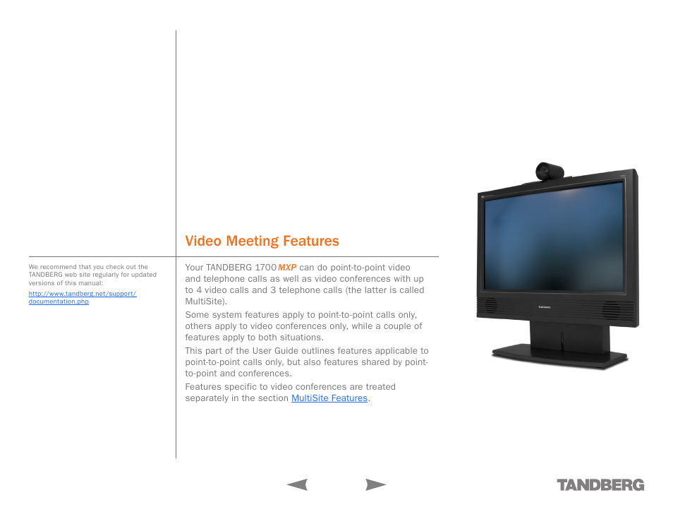 Video meeting features | TANDBERG 1700 MXP User Manual | Page 41 / 142