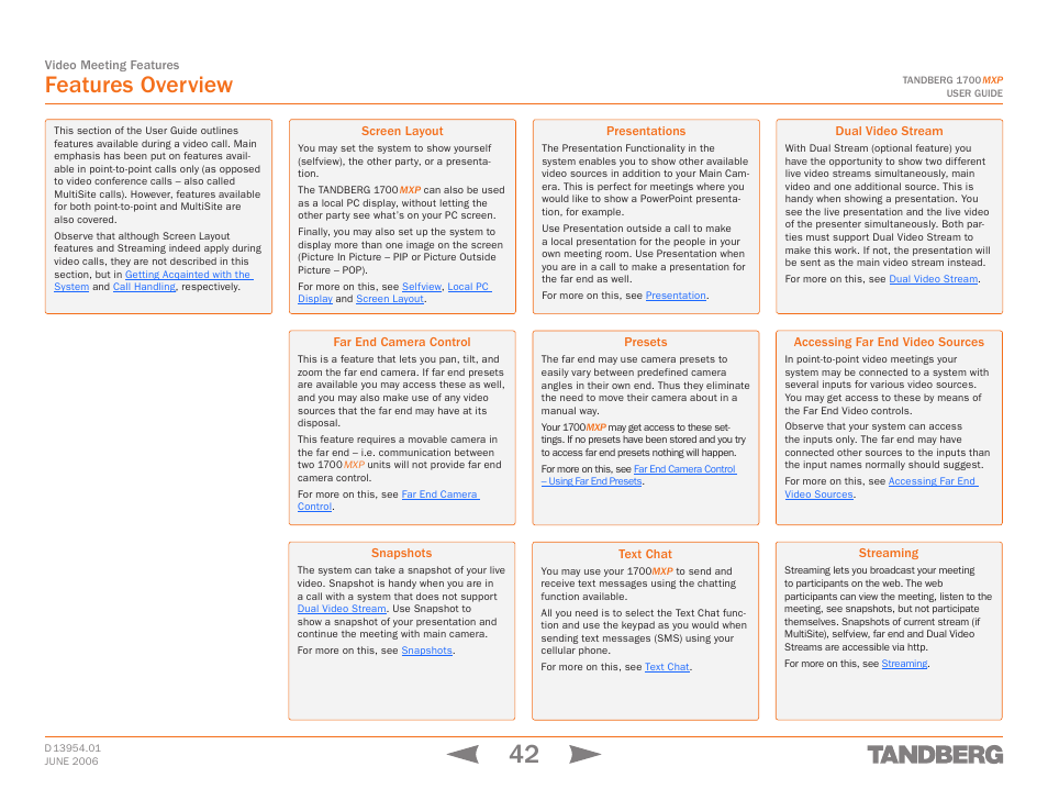 Features overview, Screen layout, Far end camera control | Snapshots, Presentations, Presets, Text chat, Dual video stream, Accessing far end video sources, Streaming | TANDBERG 1700 MXP User Manual | Page 42 / 142