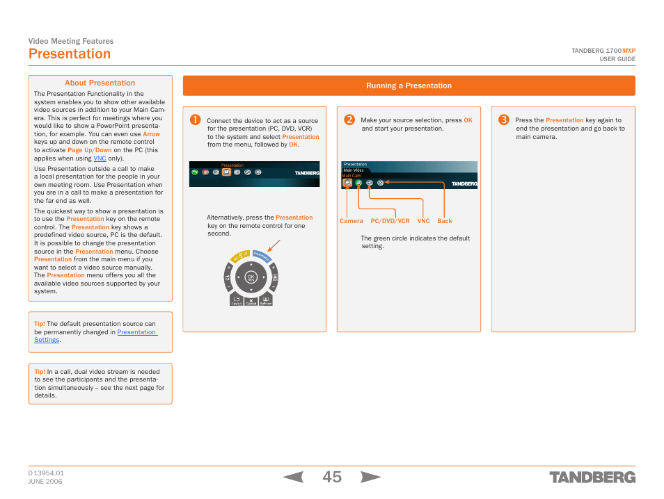 Presentation, About presentation, Running a presentation | About presentation running a presentation | TANDBERG 1700 MXP User Manual | Page 45 / 142