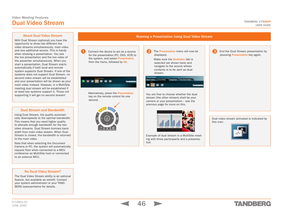 Dual video stream, About dual video stream, Dual stream and bandwidth | No dual video stream, Running a presentation using dual video stream | TANDBERG 1700 MXP User Manual | Page 46 / 142