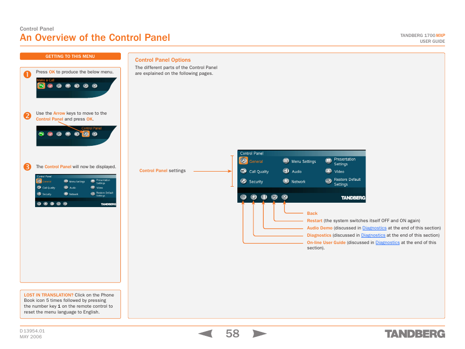 An overview of the control panel, Control panel options | TANDBERG 1700 MXP User Manual | Page 58 / 142