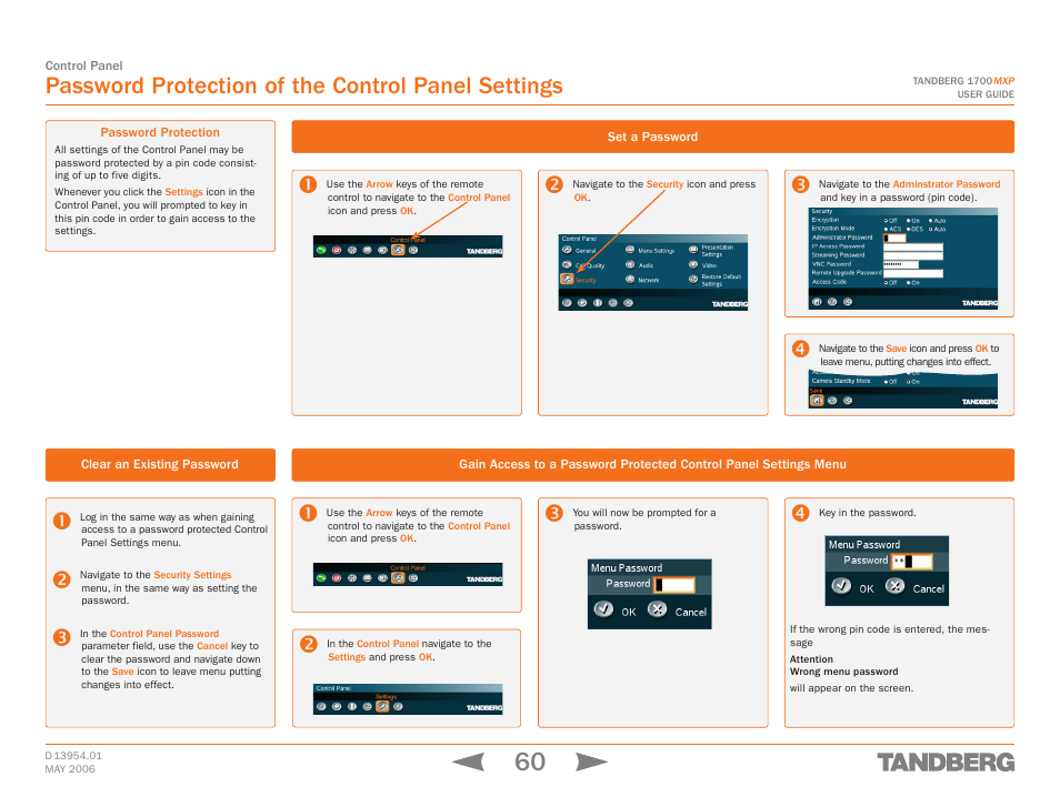 Password protection of the control panel settings, Password protection, Clear an existing password | Set a password, Settings menu | TANDBERG 1700 MXP User Manual | Page 60 / 142