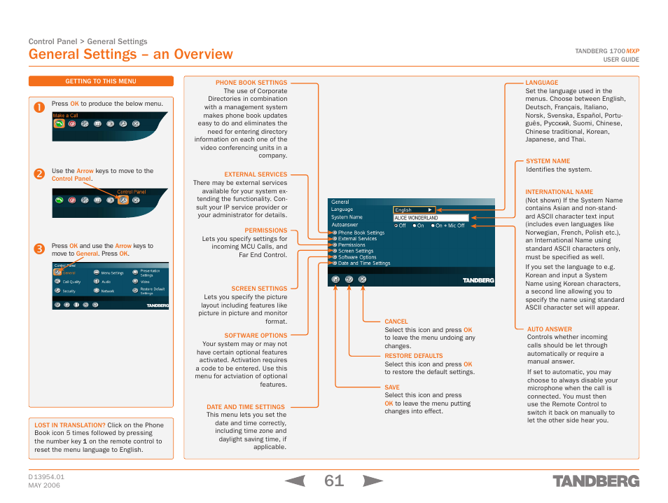 General settings – an overview, General settings | TANDBERG 1700 MXP User Manual | Page 61 / 142
