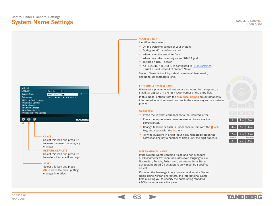 System name settings | TANDBERG 1700 MXP User Manual | Page 63 / 142