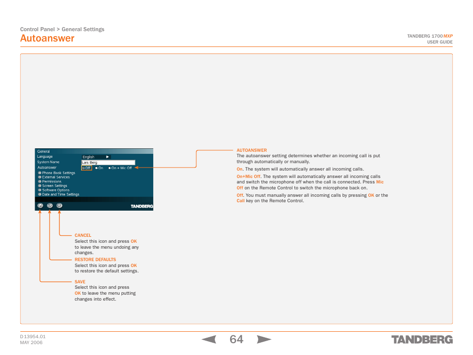 Autoanswer, Control panel > auto, Answer | TANDBERG 1700 MXP User Manual | Page 64 / 142
