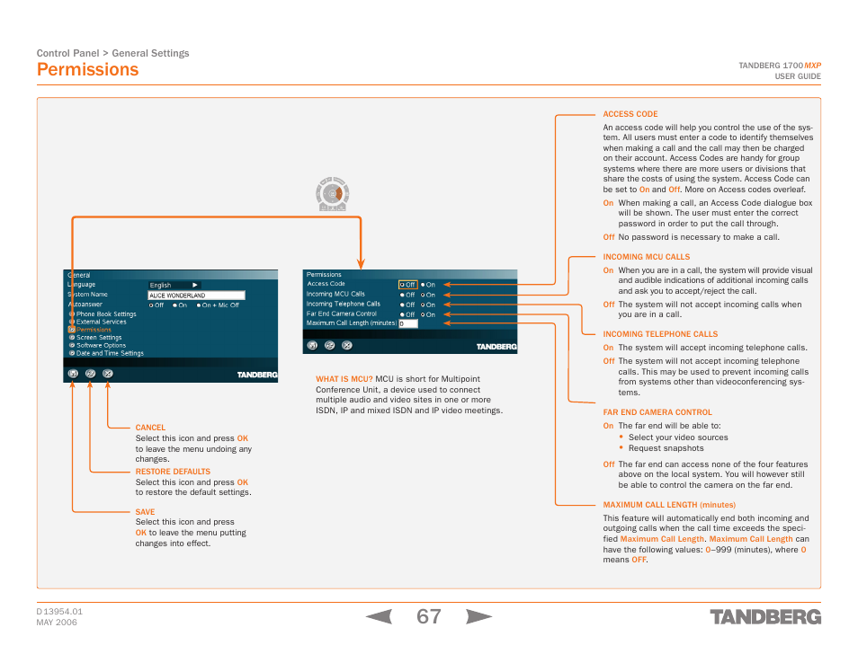 Permissions, Touch tones snapshot camera presets | TANDBERG 1700 MXP User Manual | Page 67 / 142