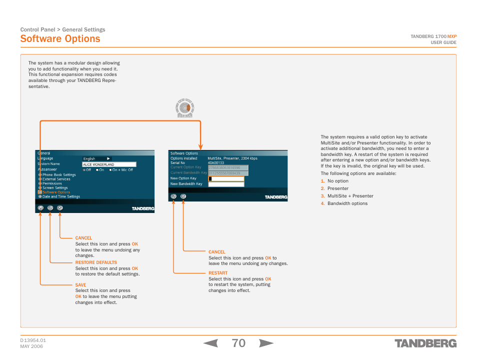 Software options, Touch tones snapshot camera presets | TANDBERG 1700 MXP User Manual | Page 70 / 142