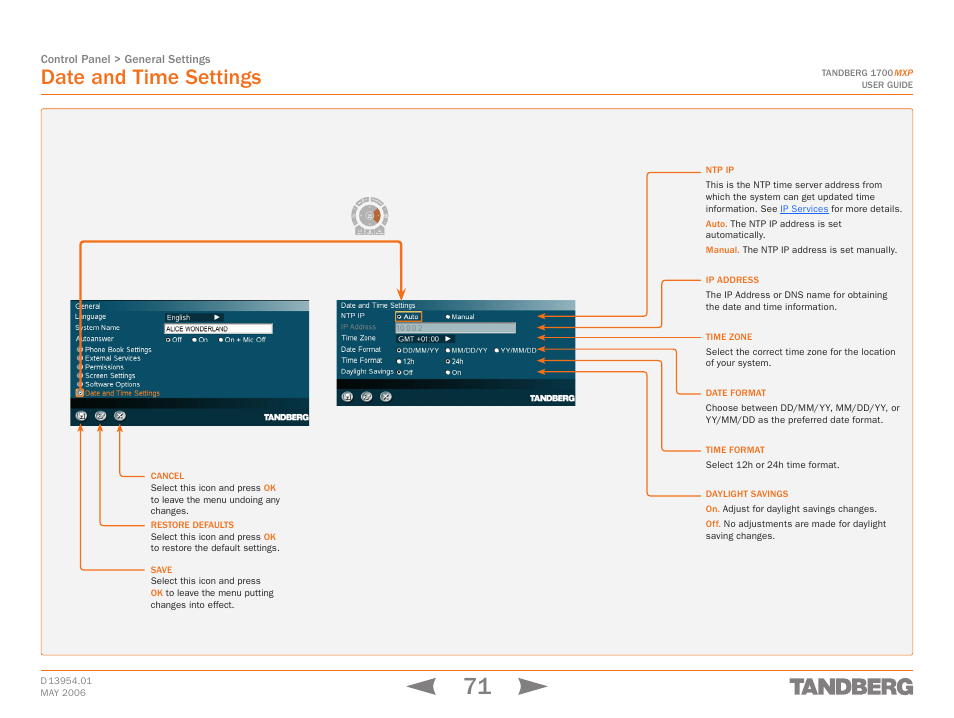 Date and time settings, Touch tones snapshot camera presets | TANDBERG 1700 MXP User Manual | Page 71 / 142