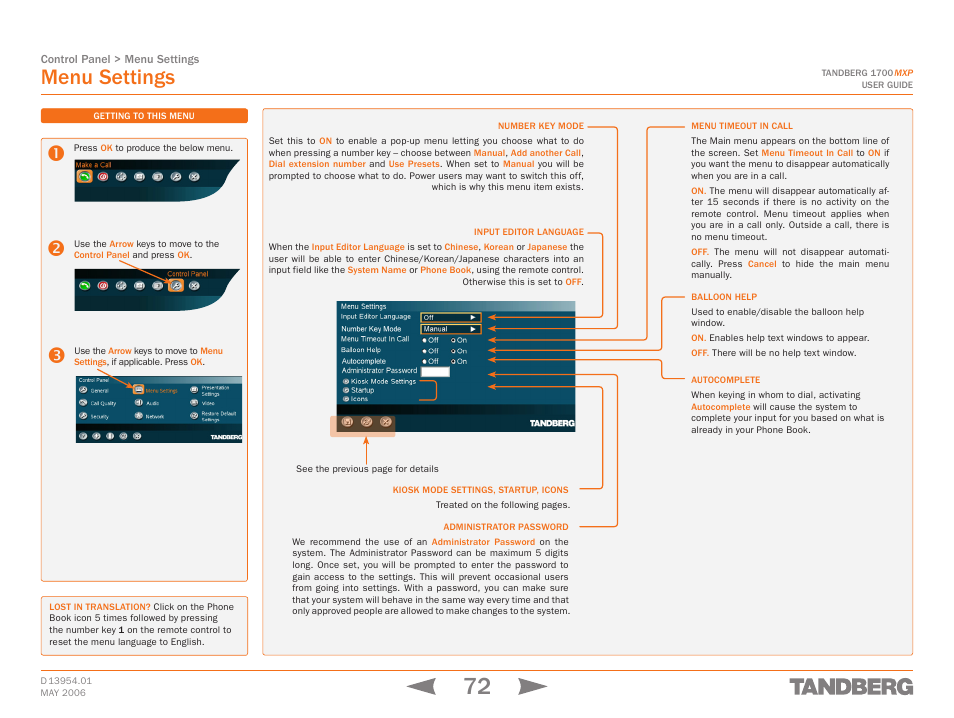 Menu settings, Control panel > menu settings, Control panel > menu | Settings, Number key settings | TANDBERG 1700 MXP User Manual | Page 72 / 142