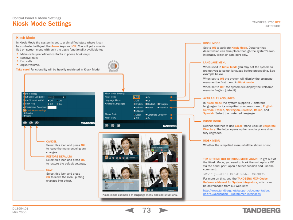 Kiosk mode settings, Kiosk mode, Touch tones snapshot camera presets | TANDBERG 1700 MXP User Manual | Page 73 / 142