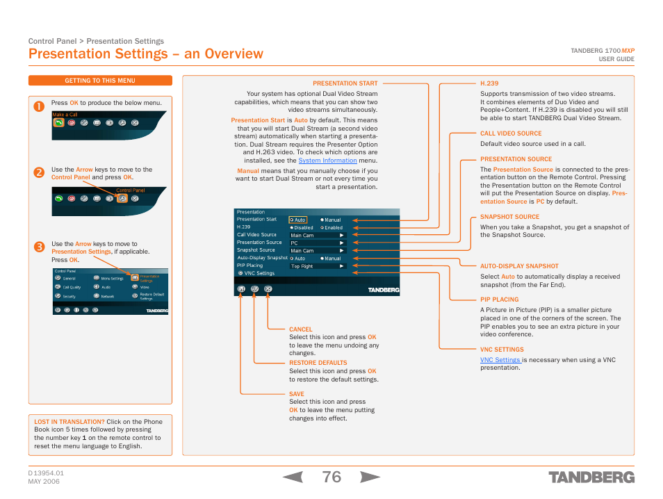 Presentation settings – an overview, Presentation settings | TANDBERG 1700 MXP User Manual | Page 76 / 142