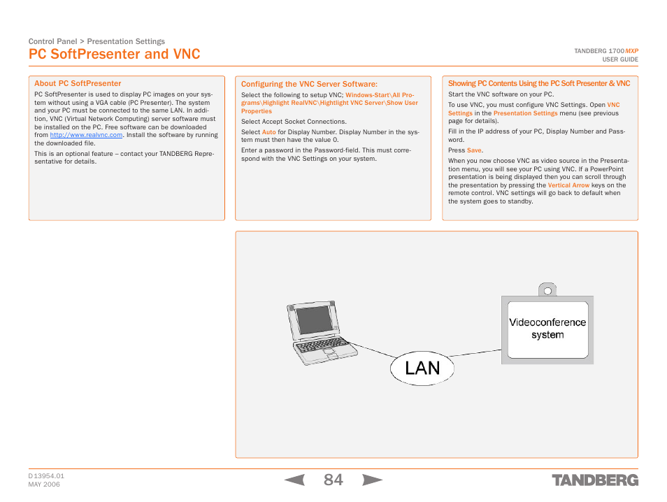 Pc softpresenter and vnc, About pc softpresenter, Configuring the vnc server software | TANDBERG 1700 MXP User Manual | Page 84 / 142