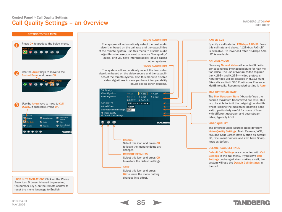 Call quality settings – an overview, Call quality settings | TANDBERG 1700 MXP User Manual | Page 85 / 142