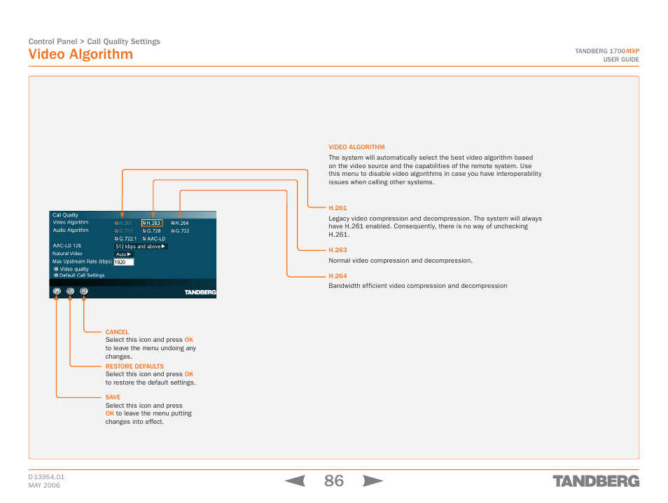 Video algorithm | TANDBERG 1700 MXP User Manual | Page 86 / 142