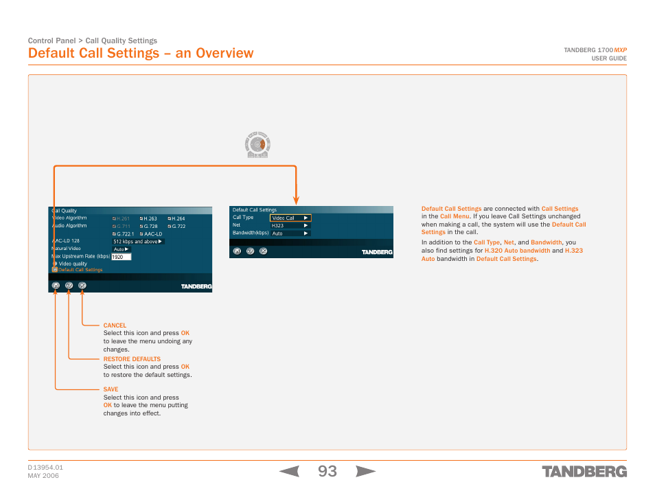 Default call settings – an overview, Touch tones snapshot camera presets | TANDBERG 1700 MXP User Manual | Page 93 / 142