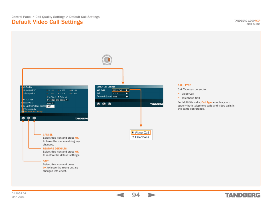 Default video call settings, Touch tones snapshot camera presets | TANDBERG 1700 MXP User Manual | Page 94 / 142