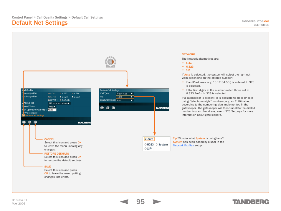 Default net settings, Touch tones snapshot camera presets | TANDBERG 1700 MXP User Manual | Page 95 / 142