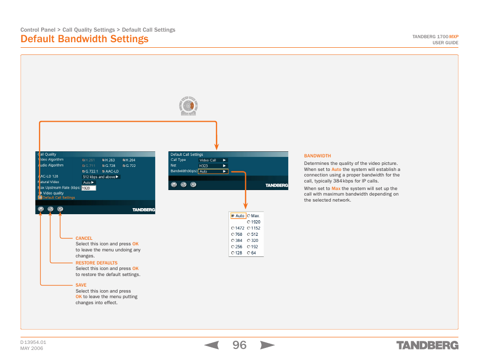Default bandwidth settings, Touch tones snapshot camera presets | TANDBERG 1700 MXP User Manual | Page 96 / 142
