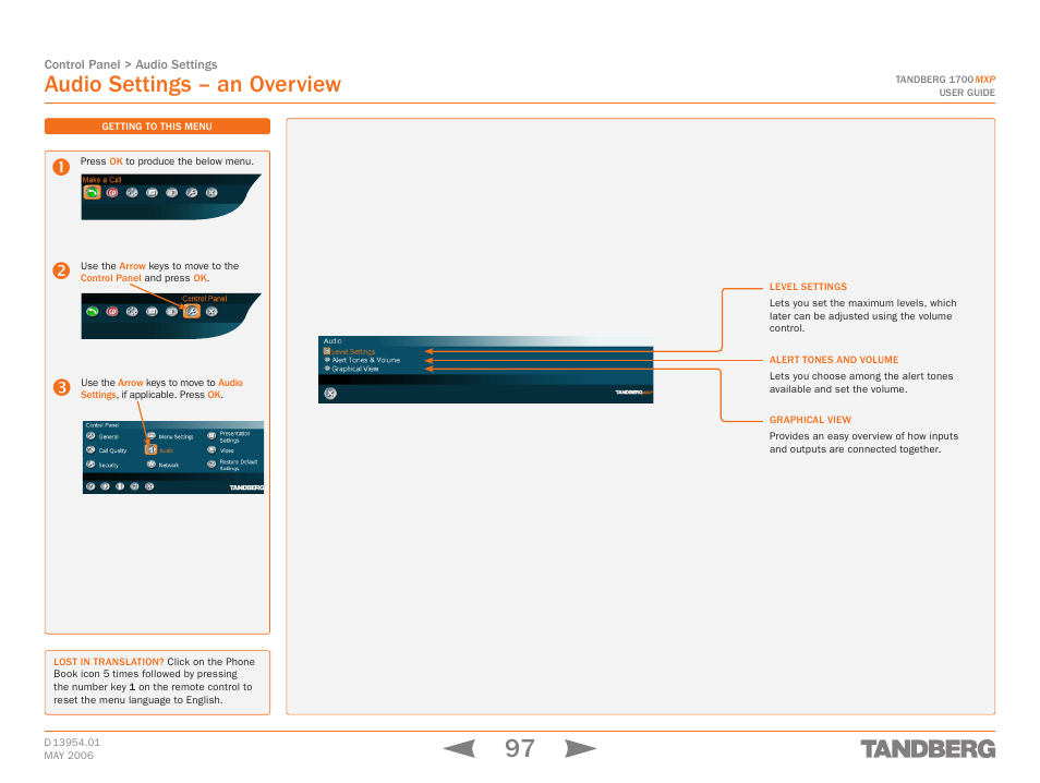 Audio settings – an overview, Audio, Settings | Audio settings | TANDBERG 1700 MXP User Manual | Page 97 / 142