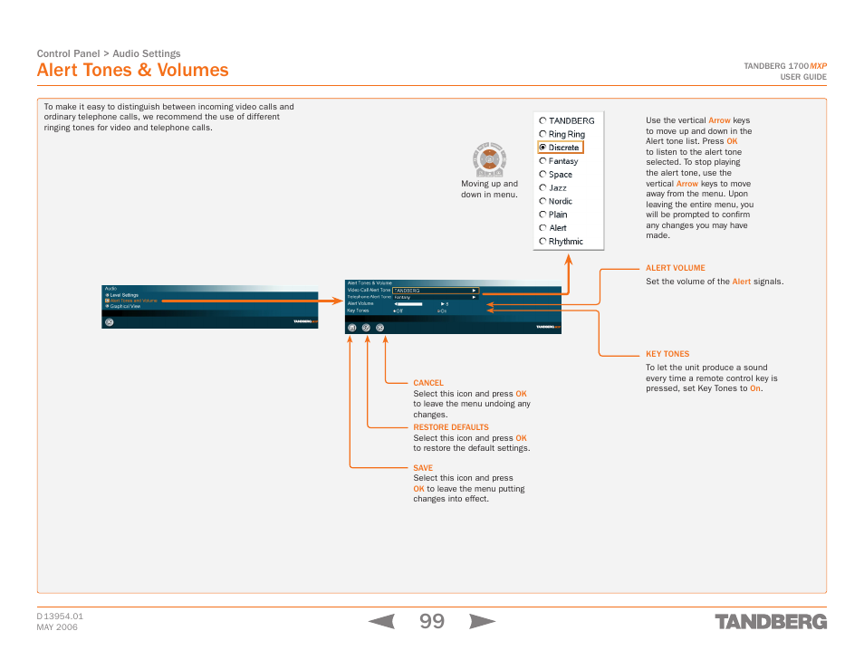 Alert tones & volumes, Touch tones snapshot camera presets | TANDBERG 1700 MXP User Manual | Page 99 / 142