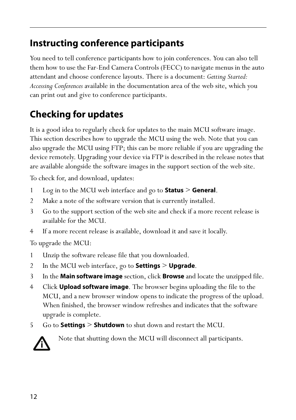 Instructing conference participants, Checking for updates | TANDBERG Codian HD MCU 4500 Series User Manual | Page 16 / 19