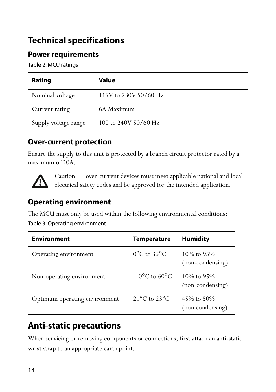 Technical specifications, Power requirements, Table 2: mcu ratings | Over-current protection, Operating environment, Table 3: operating environment, Anti-static precautions, Technical specifications anti-static precautions | TANDBERG Codian HD MCU 4500 Series User Manual | Page 18 / 19