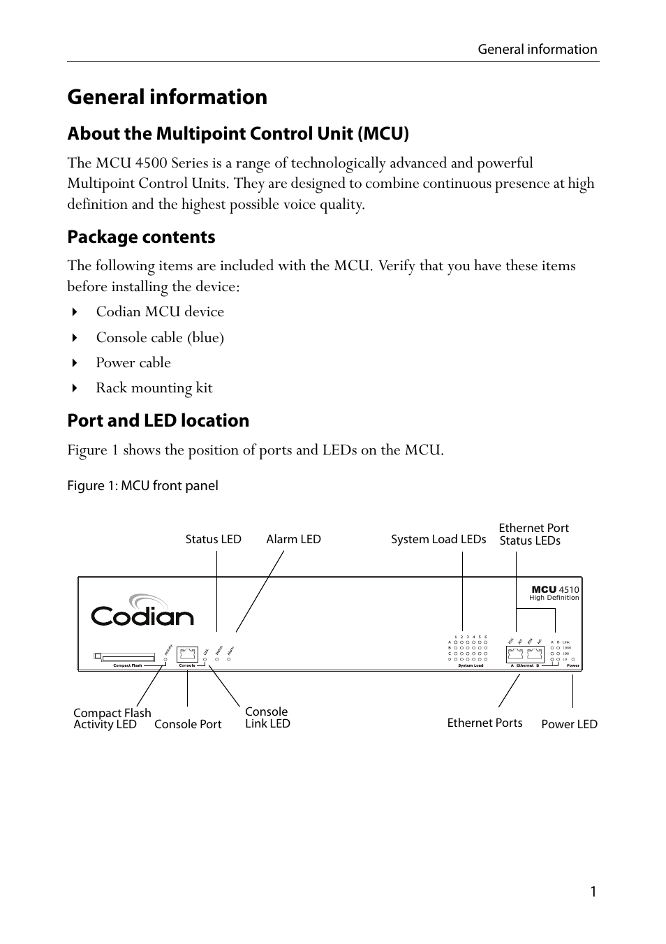 General information, About the multipoint control unit (mcu), Package contents | Port and led location, Figure 1: mcu front panel | TANDBERG Codian HD MCU 4500 Series User Manual | Page 5 / 19