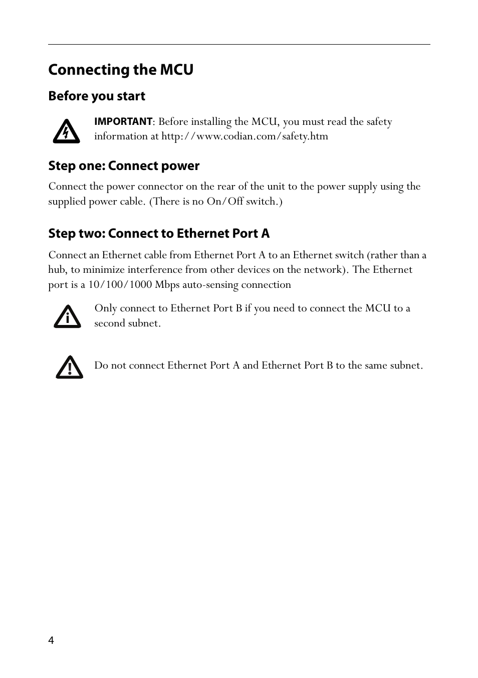 Connecting the mcu, Before you start, Step one: connect power | Step two: connect to ethernet port a | TANDBERG Codian HD MCU 4500 Series User Manual | Page 8 / 19